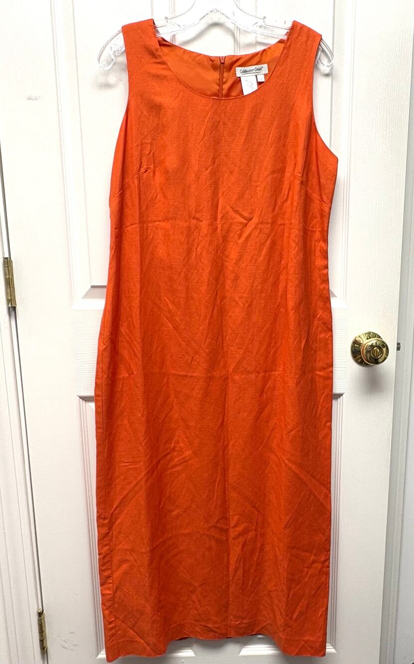 Coldwater Creek Dress Orange Linen Petite 12 Sleeveless Midi Sheath Summer